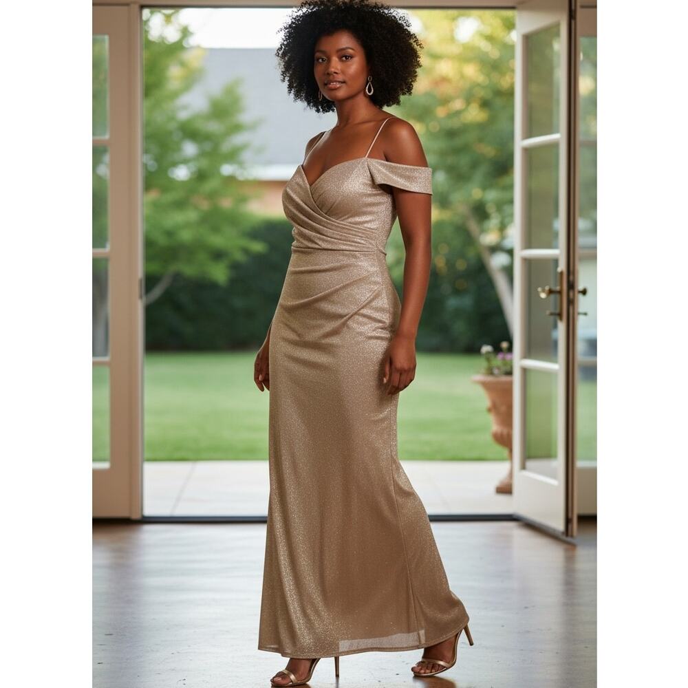 OLEG CASSINI GOWN MAXI MOTHER OF BRIDE RUCHING GOLD GLITTER OFF-SHOULDER 14